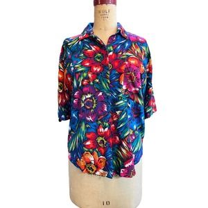 Nouveau Womens Bright Tropical Floral Button Down Shirt Top L